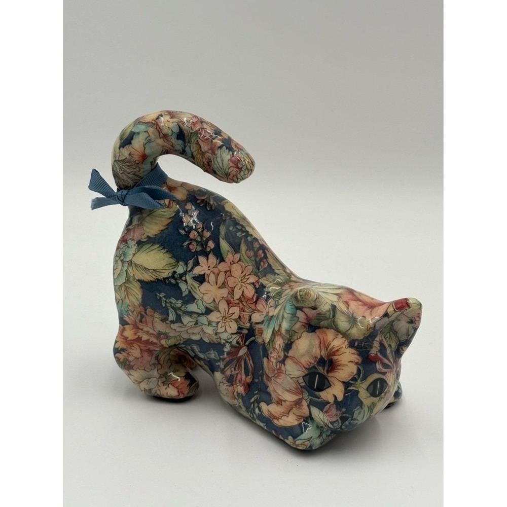 Vintage Cat Figurine Resin Decorative Blue floral cottagecore